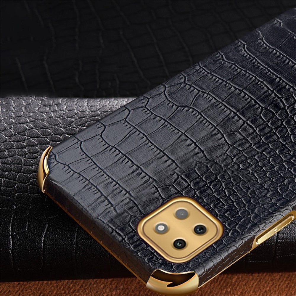 For Samsung Galaxy A22 5G (EU Version) Crocodile Texture PU Leather Coated TPU Case Electroplating Ring Kickstand Phone Cover