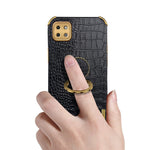 For Samsung Galaxy A22 5G (EU Version) Crocodile Texture PU Leather Coated TPU Case Electroplating Ring Kickstand Phone Cover