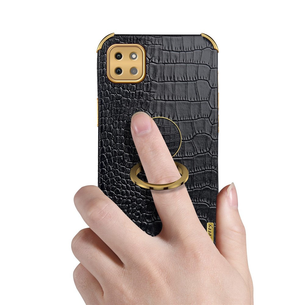 For Samsung Galaxy A22 5G (EU Version) Crocodile Texture PU Leather Coated TPU Case Electroplating Ring Kickstand Phone Cover
