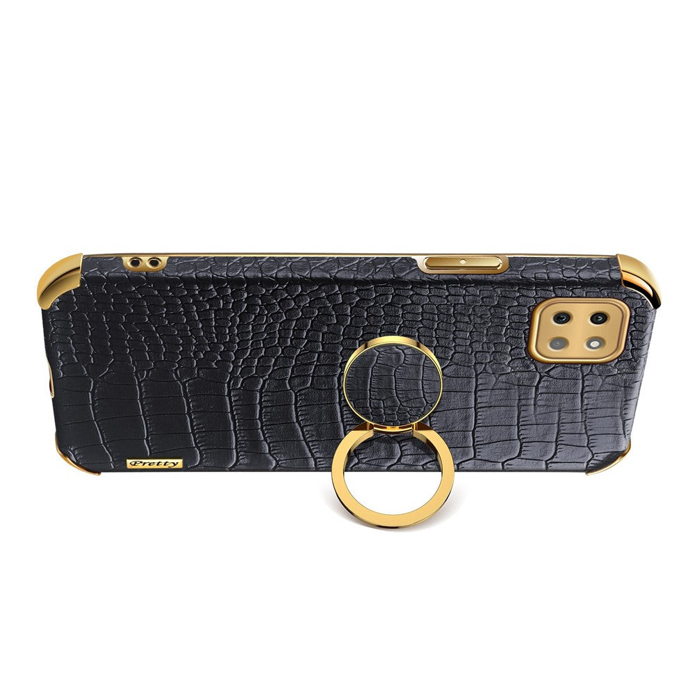 For Samsung Galaxy A22 5G (EU Version) Crocodile Texture PU Leather Coated TPU Case Electroplating Ring Kickstand Phone Cover