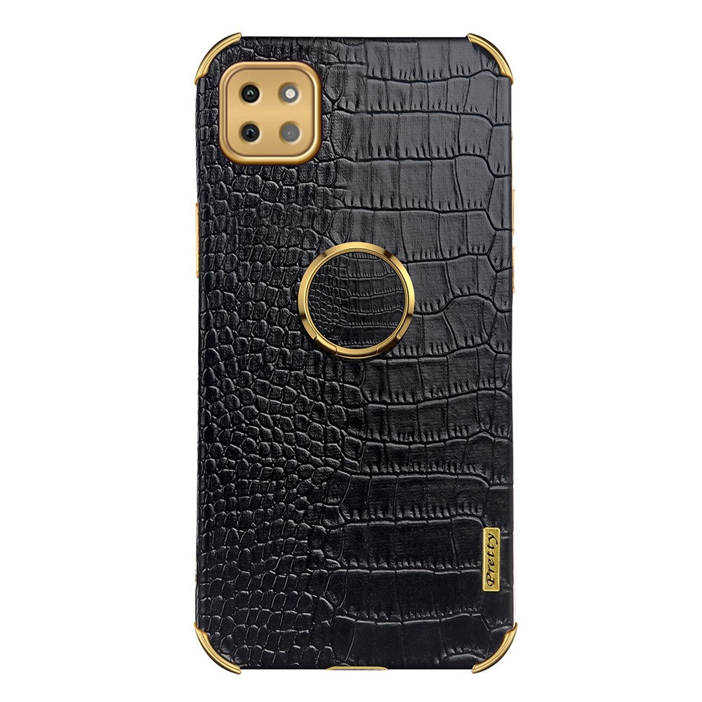 For Samsung Galaxy A22 5G (EU Version) Crocodile Texture PU Leather Coated TPU Case Electroplating Ring Kickstand Phone Cover