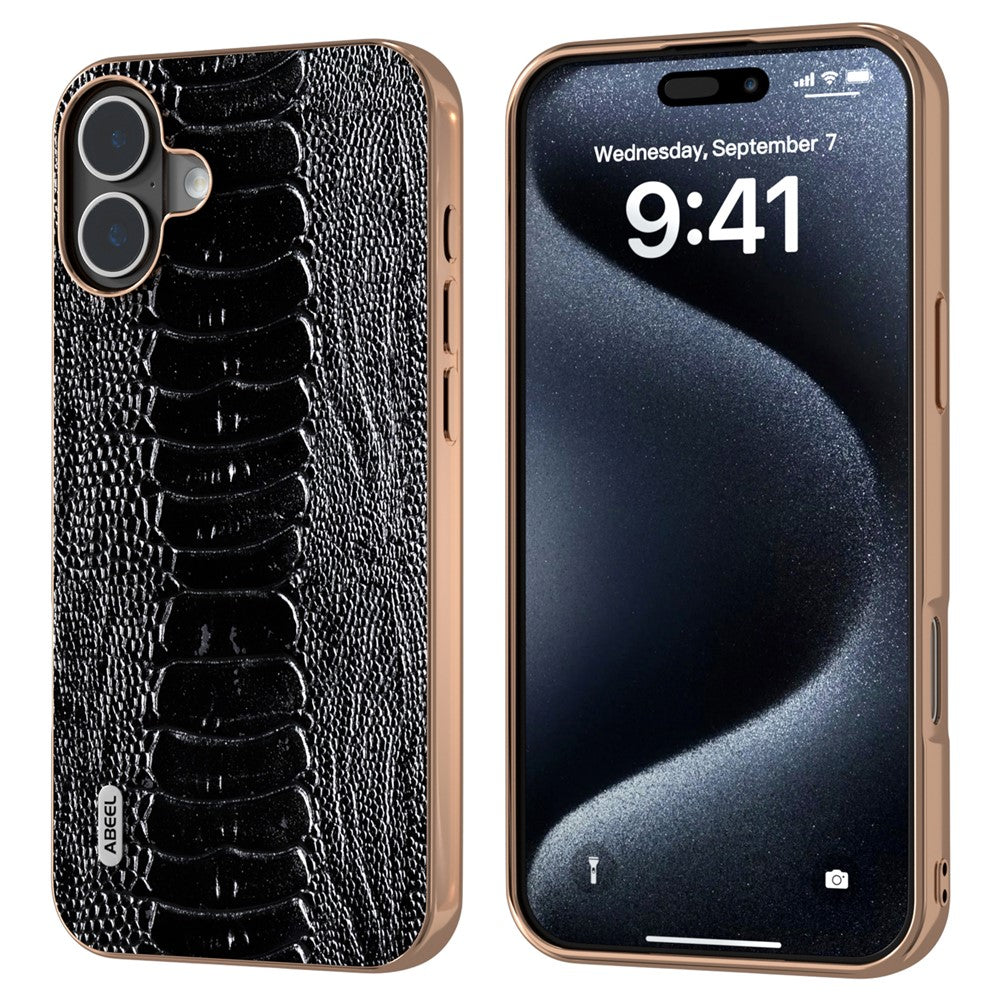 ABEEL For iPhone 16 Case Electroplating Edge Crocodile Texture Genuine Cow Leather+TPU+PC Phone Cover