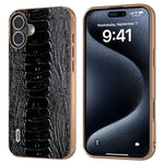 ABEEL For iPhone 16 Case Electroplating Edge Crocodile Texture Genuine Cow Leather+TPU+PC Phone Cover