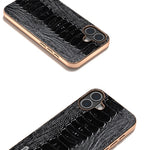 ABEEL For iPhone 16 Case Electroplating Edge Crocodile Texture Genuine Cow Leather+TPU+PC Phone Cover