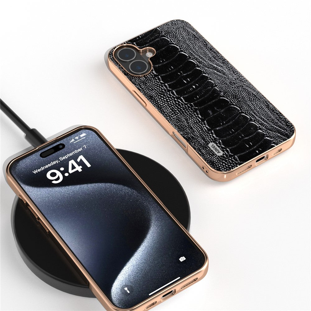 ABEEL For iPhone 16 Case Electroplating Edge Crocodile Texture Genuine Cow Leather+TPU+PC Phone Cover