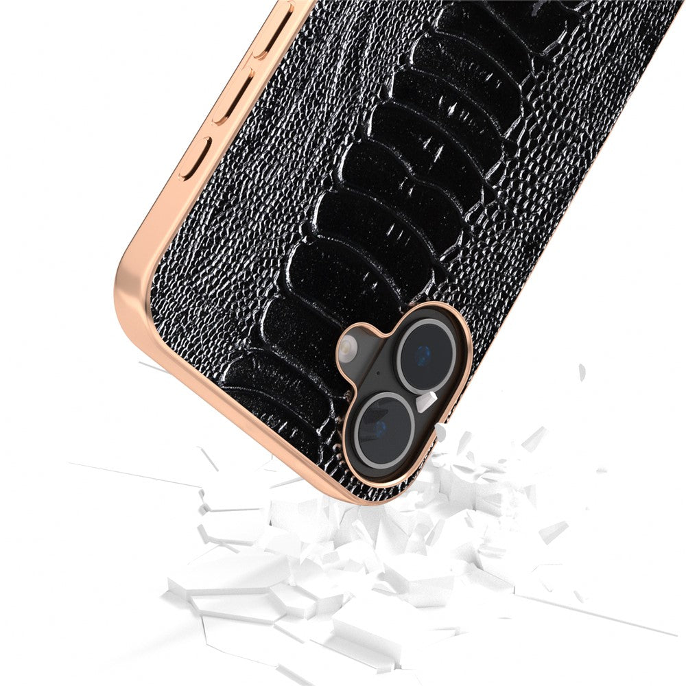 ABEEL For iPhone 16 Case Electroplating Edge Crocodile Texture Genuine Cow Leather+TPU+PC Phone Cover