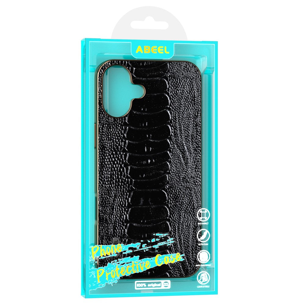 ABEEL For iPhone 16 Case Electroplating Edge Crocodile Texture Genuine Cow Leather+TPU+PC Phone Cover