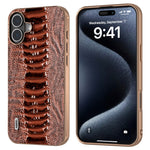ABEEL For iPhone 16 Case Electroplating Edge Crocodile Texture Genuine Cow Leather+TPU+PC Phone Cover