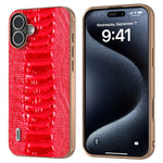 ABEEL For iPhone 16 Case Electroplating Edge Crocodile Texture Genuine Cow Leather+TPU+PC Phone Cover