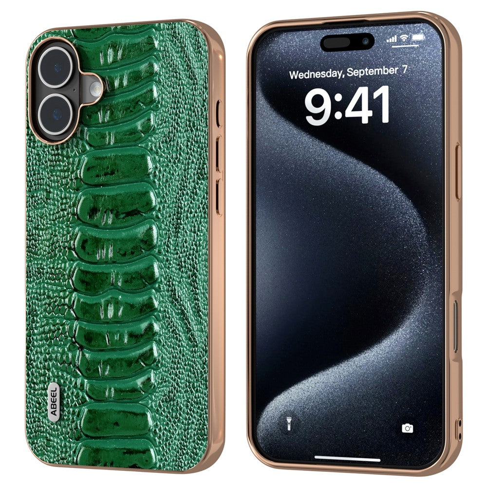 ABEEL For iPhone 16 Case Electroplating Edge Crocodile Texture Genuine Cow Leather+TPU+PC Phone Cover