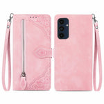 Til Samsung Galaxy A16 5G / A16 4G Lynlås Pung Cover med Rem Blomsterpræget PU Læder Telefon Cover
