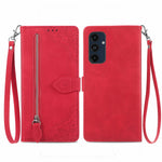 Til Samsung Galaxy A16 5G / A16 4G Lynlås Pung Cover med Rem Blomsterpræget PU Læder Telefon Cover