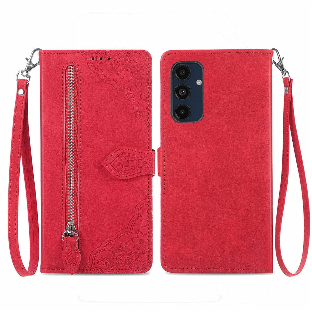 Til Samsung Galaxy A16 5G / A16 4G Lynlås Pung Cover med Rem Blomsterpræget PU Læder Telefon Cover