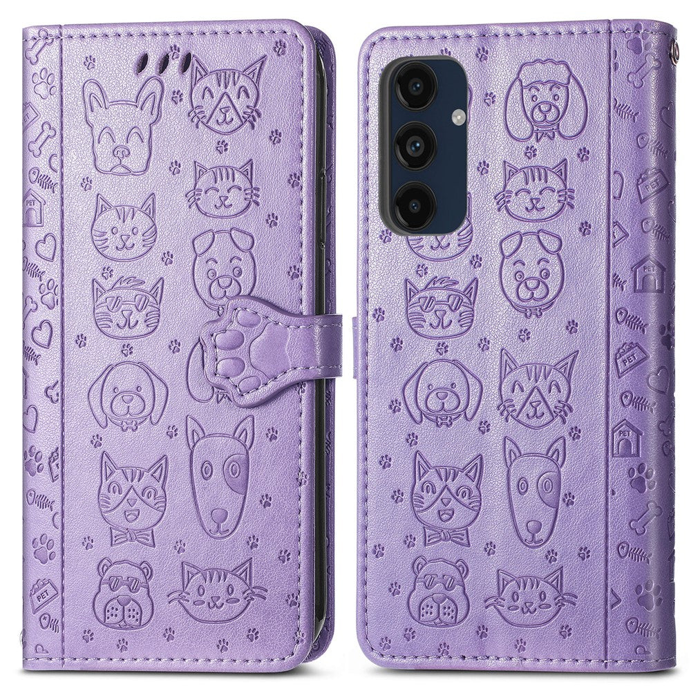Til Samsung Galaxy A16 5G / A16 4G Læderpung Etui Flip Telefoncover med sødt katte- og hundemønster