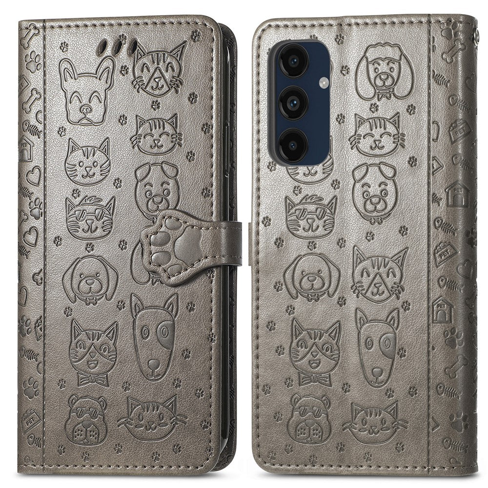 Til Samsung Galaxy A16 5G / A16 4G Læderpung Etui Flip Telefoncover med sødt katte- og hundemønster
