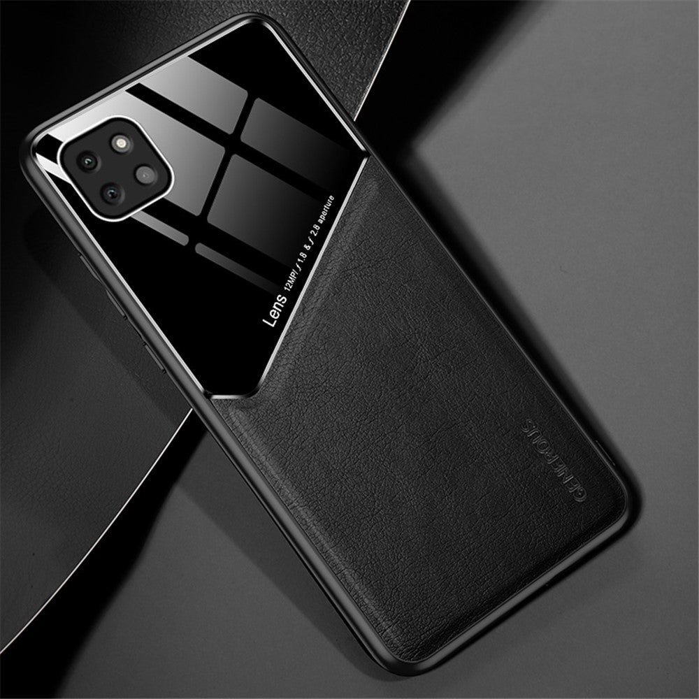 For Samsung Galaxy A22 5G (EU Version) Textured PU Leather Coated TPU + PC Anti-scratch Case Phone Back Cover with Built-in Metal Sheet