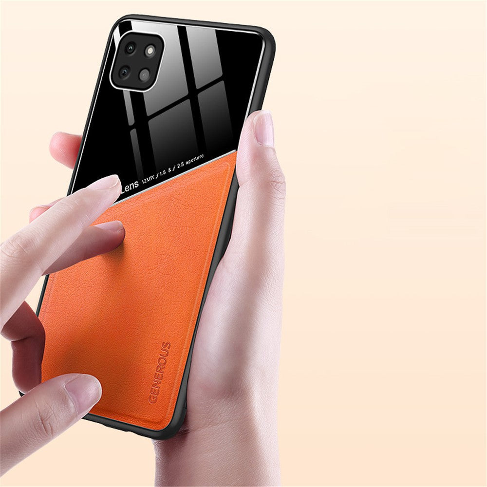 For Samsung Galaxy A22 5G (EU Version) Textured PU Leather Coated TPU + PC Anti-scratch Case Phone Back Cover with Built-in Metal Sheet