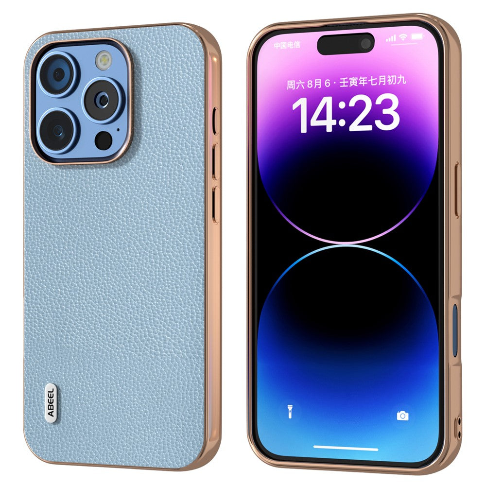 ABEEL For iPhone 16 Pro Case Genuine Cow Leather+PC+TPU Electroplating Phone Cover
