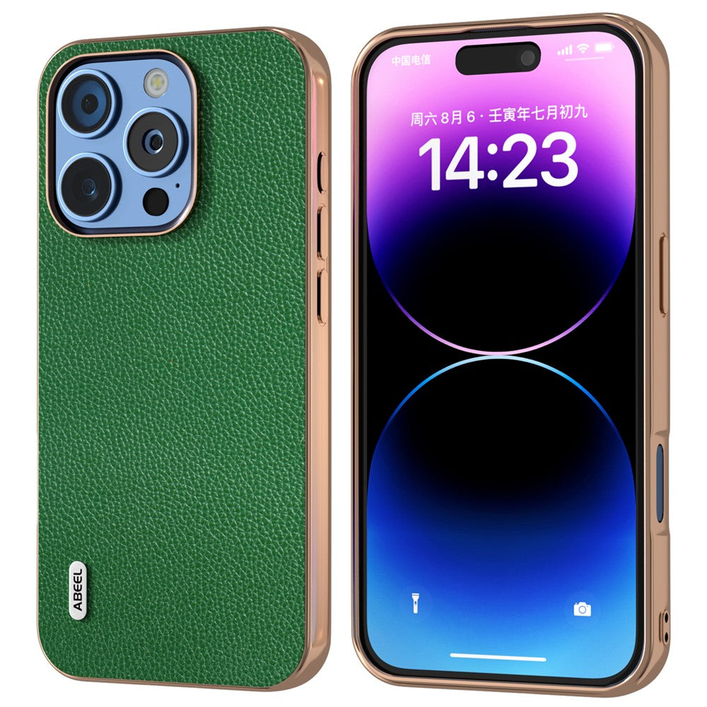 ABEEL For iPhone 16 Pro Case Genuine Cow Leather+PC+TPU Electroplating Phone Cover