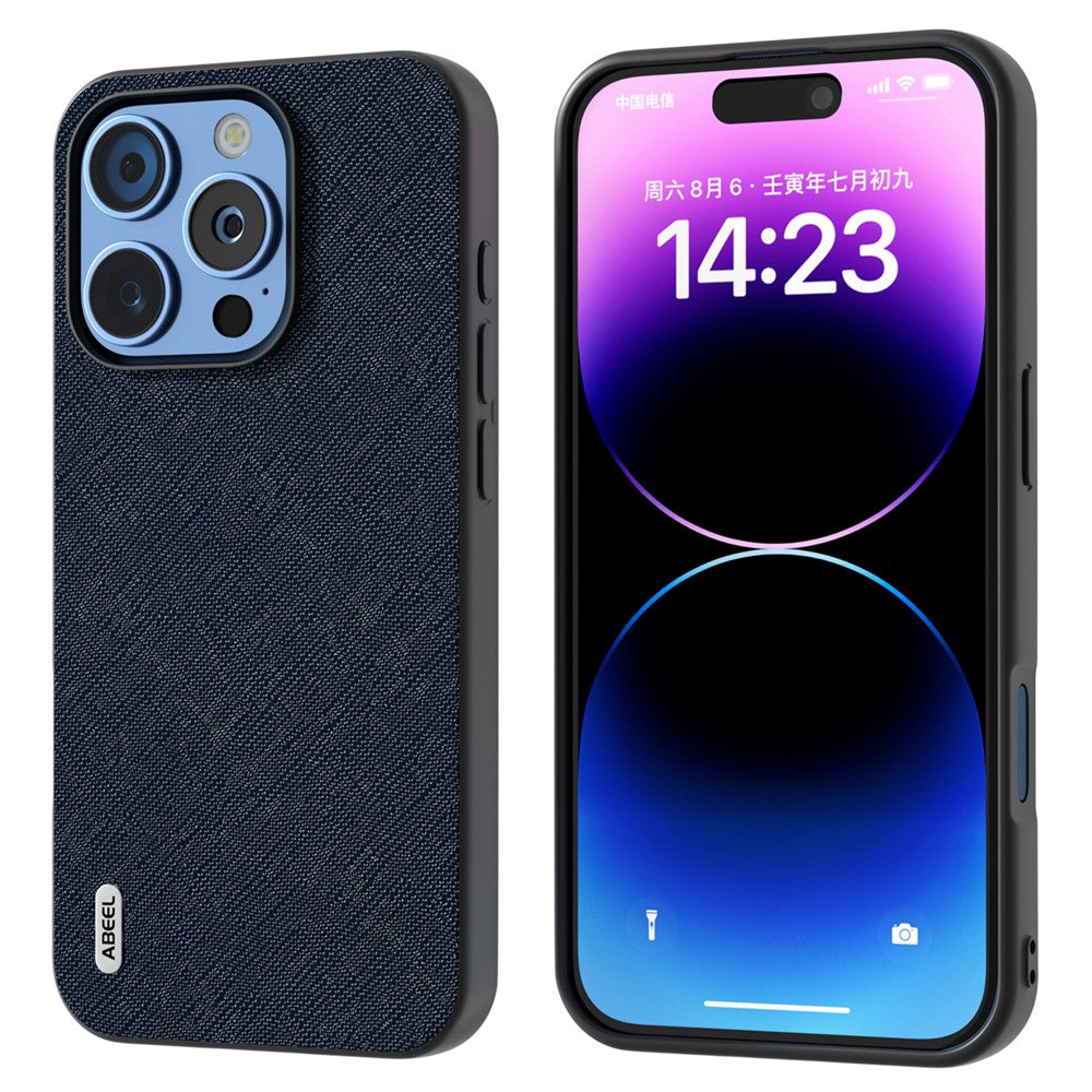 ABEEL For iPhone 16 Pro Case Cross Texture Genuine Cow Leather Hybrid Phone Case
