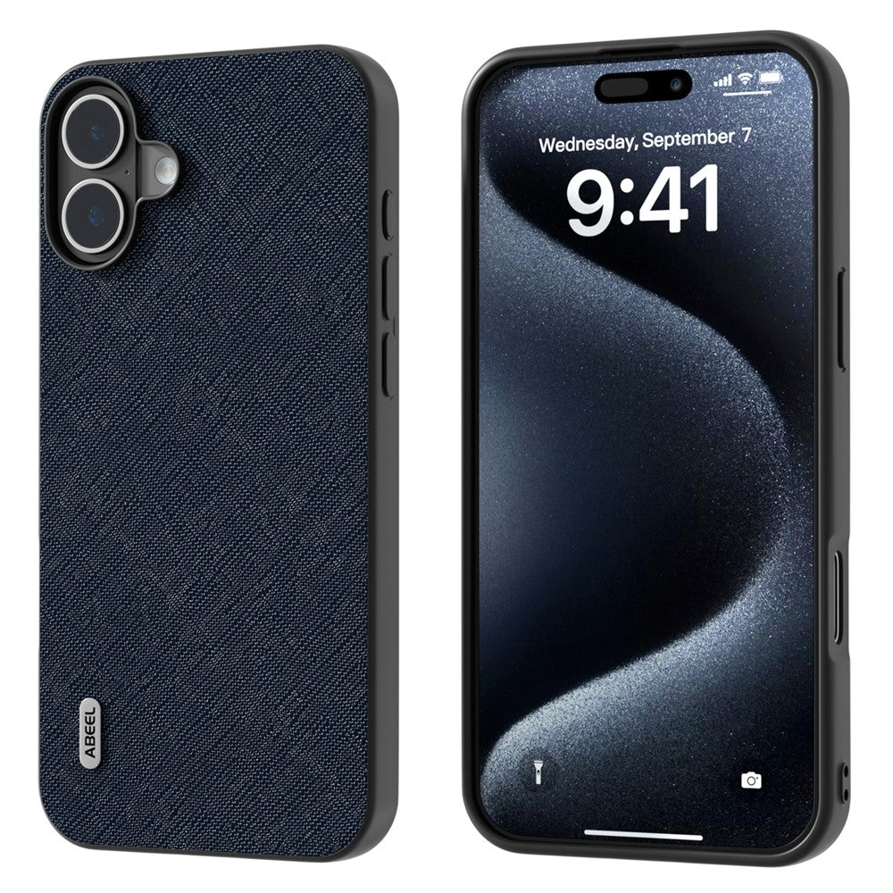 ABEEL For iPhone 16 Case Cross Texture Genuine Cow Leather Hybrid Phone Case