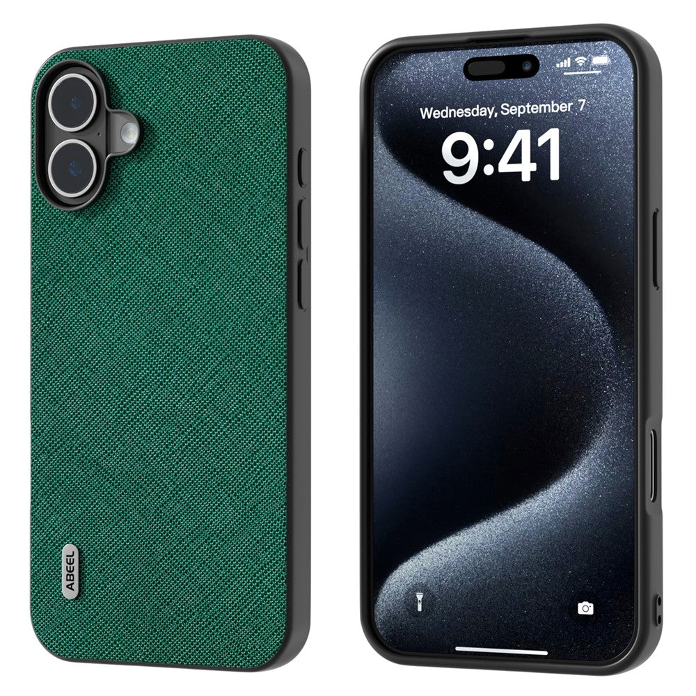 ABEEL For iPhone 16 Case Cross Texture Genuine Cow Leather Hybrid Phone Case