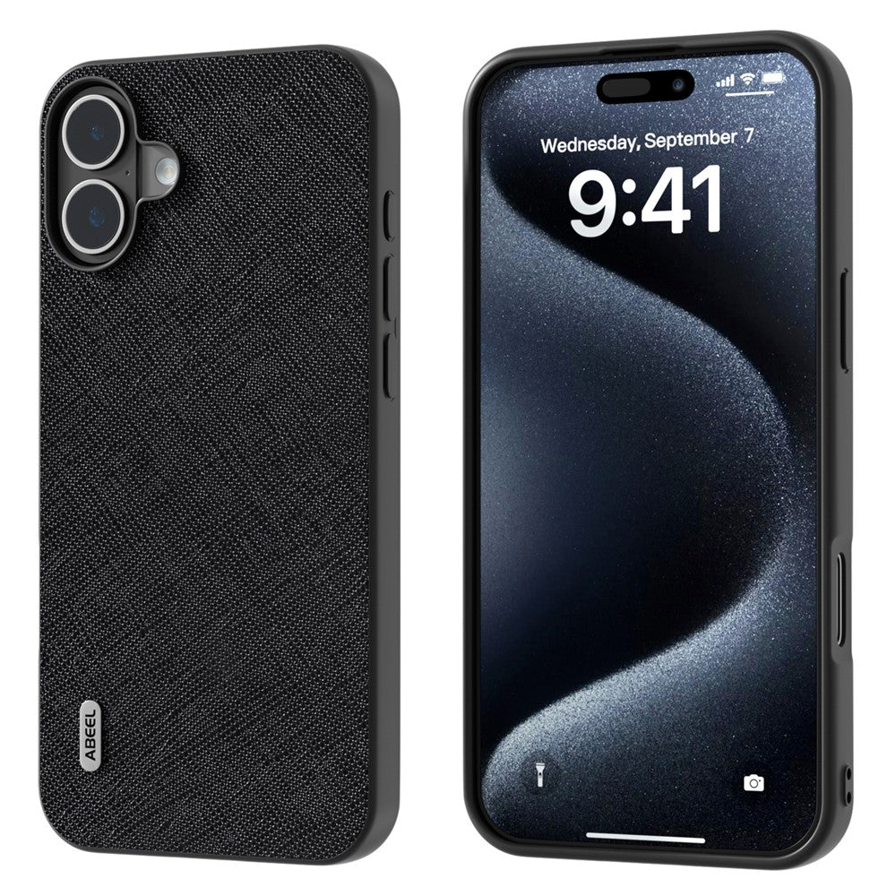 ABEEL For iPhone 16 Case Cross Texture Genuine Cow Leather Hybrid Phone Case