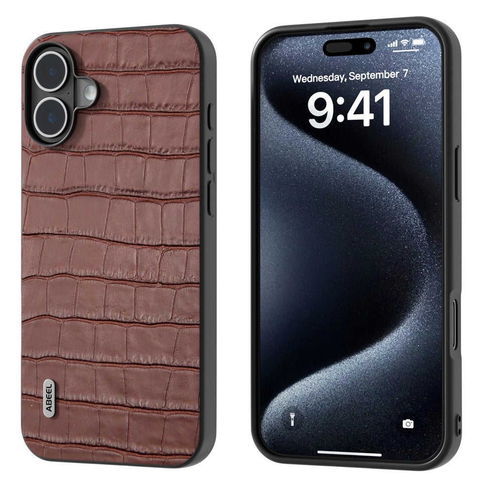 ABEEL For iPhone 16 Cases Genuine Cow Leather+PC+TPU Drop-Proof Cell Phone Cover