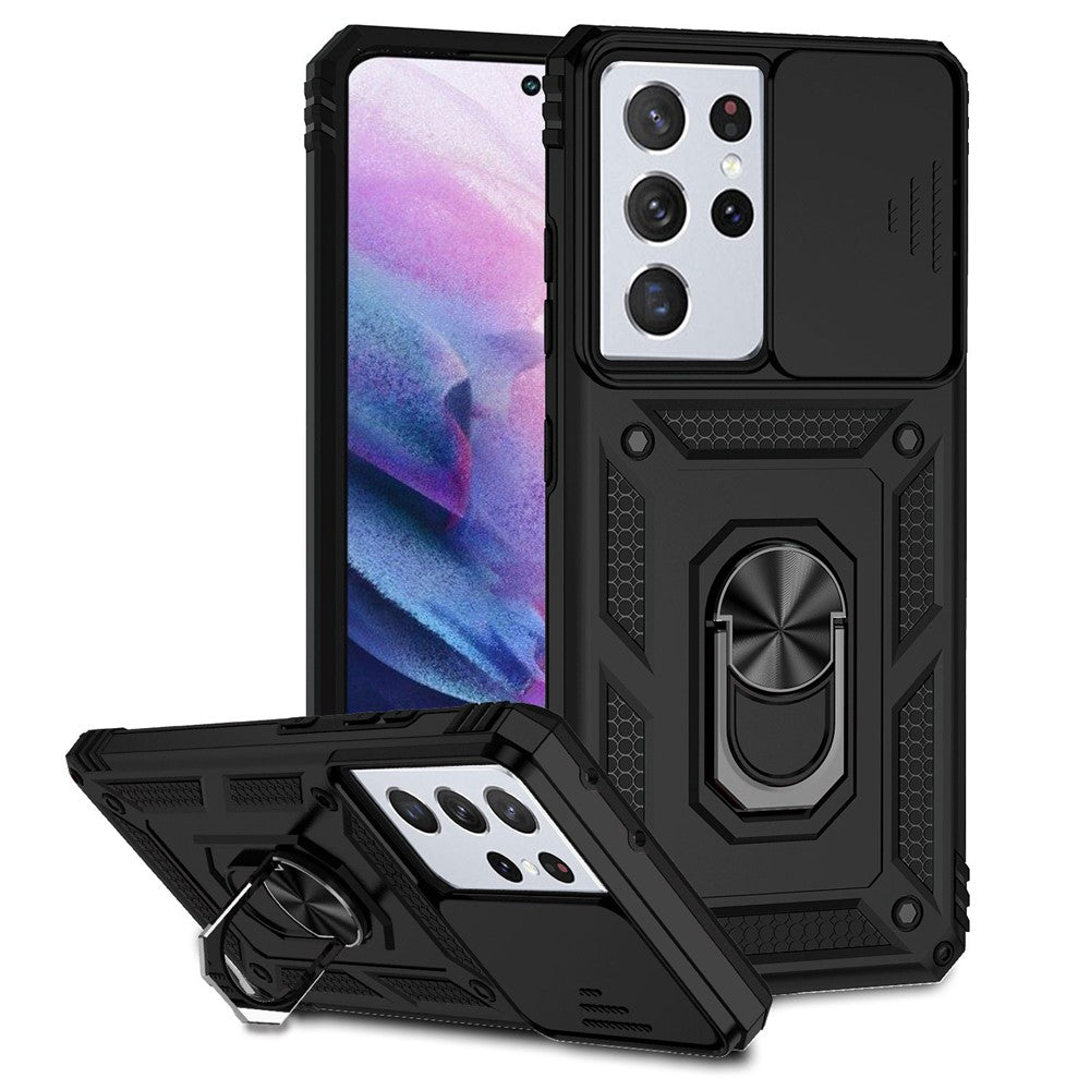 PC + TPU Hybrid Case for Samsung Galaxy S21 Ultra 5G, Slide Camera Protection Metal Ring Kickstand Phone Cover