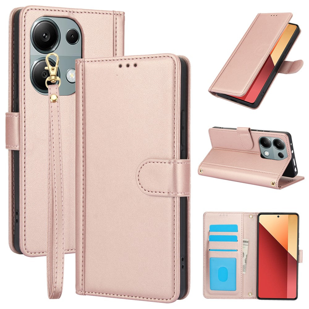 SY-003 For Xiaomi Redmi Note 13 4G Case PU Leather Stand View Phone Wallet Cover with Hand Strap