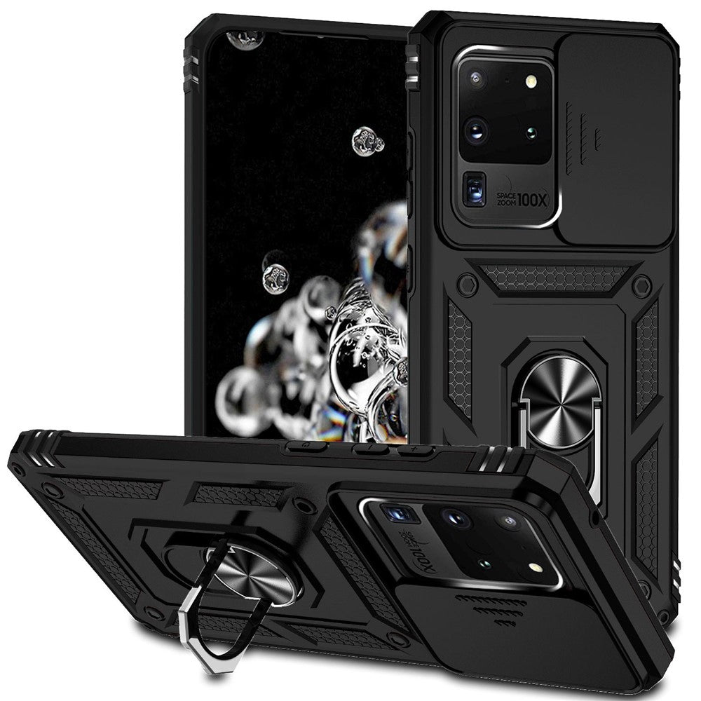 Hard PC + Soft TPU Phone Case for Samsung Galaxy S20 Ultra, Metal Ring Kickstand Anti-drop Cover with Slide Camera Protection