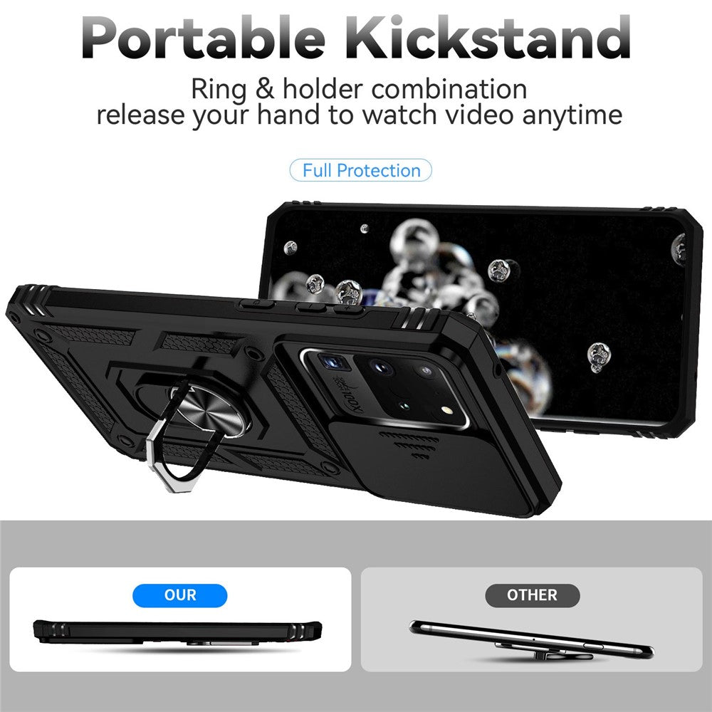 Hard PC + Soft TPU Phone Case for Samsung Galaxy S20 Ultra, Metal Ring Kickstand Anti-drop Cover with Slide Camera Protection