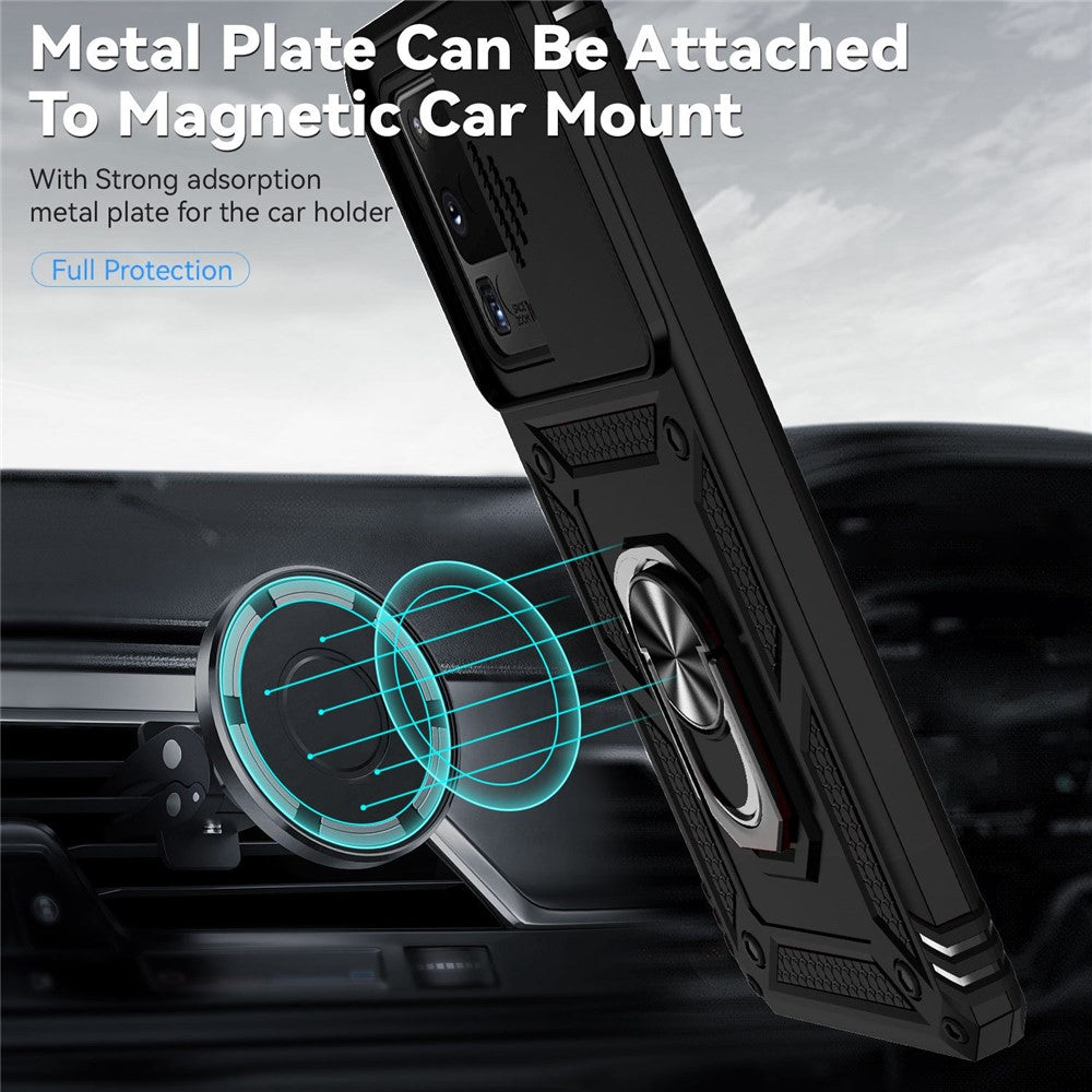 Hard PC + Soft TPU Phone Case for Samsung Galaxy S20 Ultra, Metal Ring Kickstand Anti-drop Cover with Slide Camera Protection