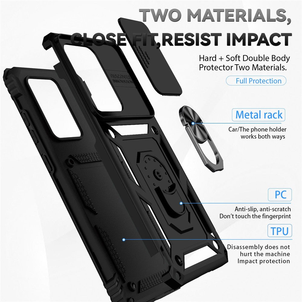Hard PC + Soft TPU Phone Case for Samsung Galaxy S20 Ultra, Metal Ring Kickstand Anti-drop Cover with Slide Camera Protection