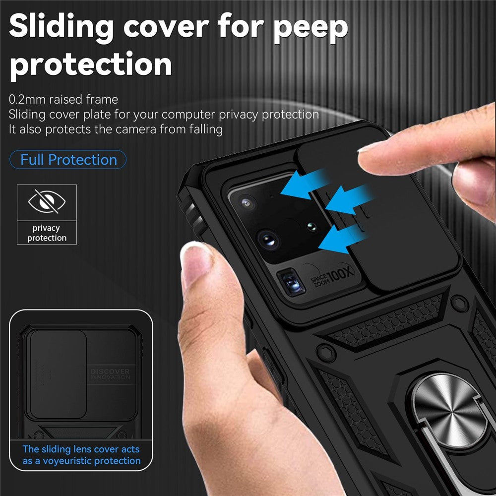 Hard PC + Soft TPU Phone Case for Samsung Galaxy S20 Ultra, Metal Ring Kickstand Anti-drop Cover with Slide Camera Protection