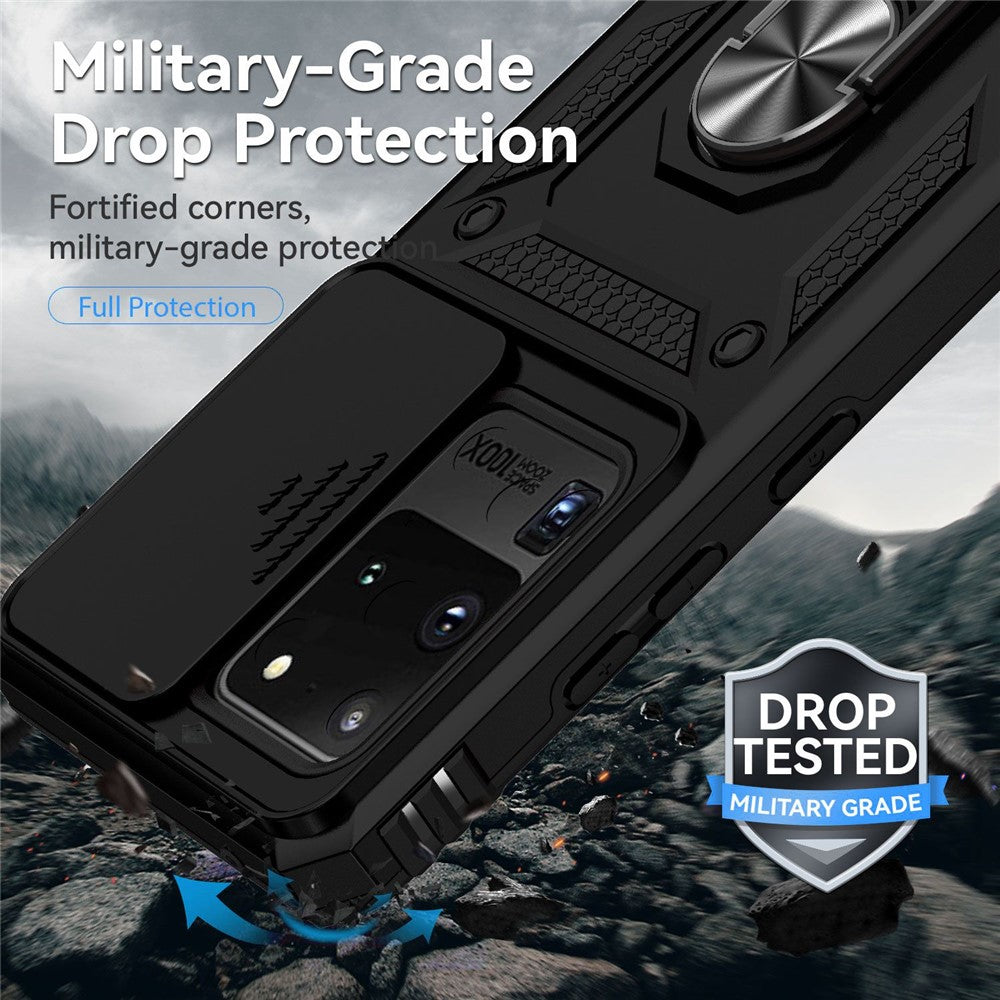 Hard PC + Soft TPU Phone Case for Samsung Galaxy S20 Ultra, Metal Ring Kickstand Anti-drop Cover with Slide Camera Protection