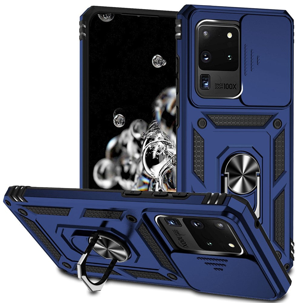 Hårt PC + mjukt TPU-mobilskal till Samsung Galaxy S20 Ultra, metallringstativ, fallskyddande skal med glidande kameraskydd