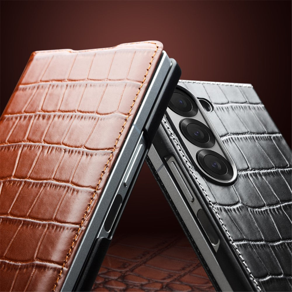 QIALINO För Samsung Galaxy Z Fold6 5G Skal Krokodilstruktur Äkta Koläder Flipfodral