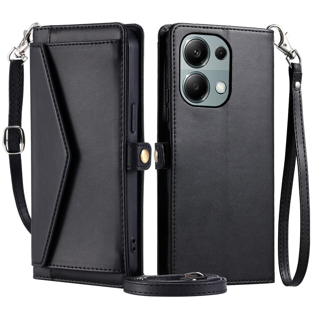 For Xiaomi Poco M6 Pro 4G  /  Redmi Note 13 Pro 4G Leather Case Wallet Stand Phone Cover with Straps