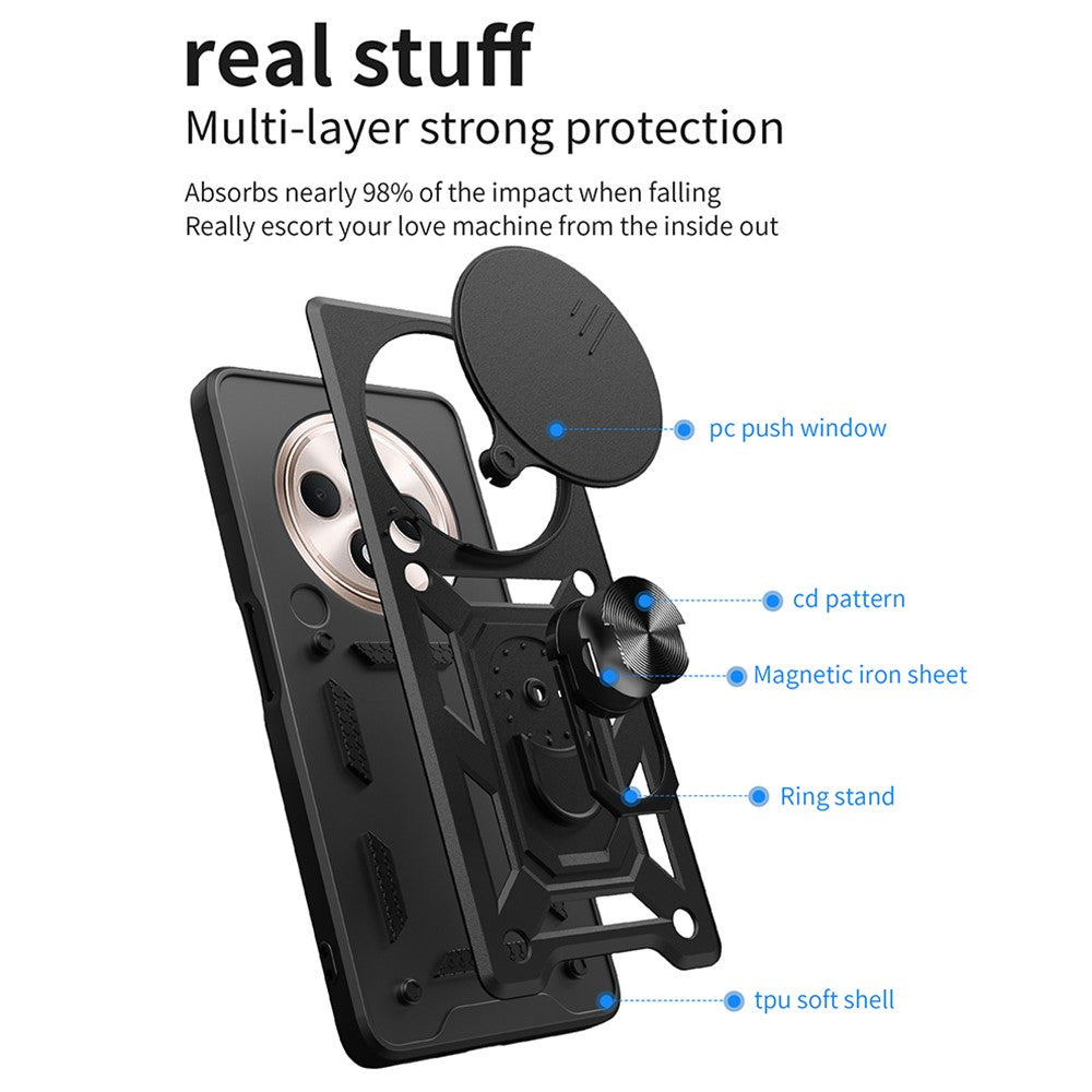 For Oppo Reno12 F 5G Case with Slide Camera Lid PC+TPU Kickstand Phone Cover