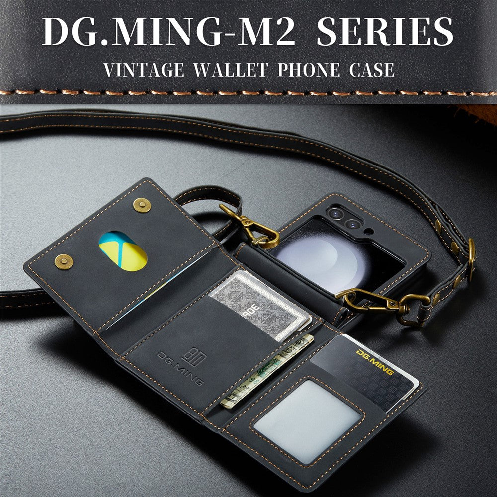 DG.MING M2 Series for Samsung Galaxy Z Flip7 FE 5G / Z Flip6 5G Case PU+PC Phone Cover with Wallet, Strap