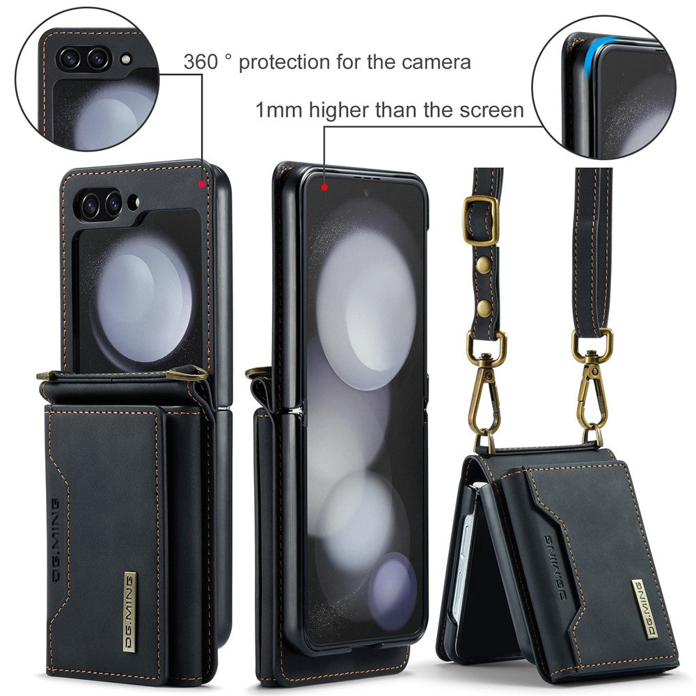 DG.MING M2 Series for Samsung Galaxy Z Flip7 FE 5G / Z Flip6 5G Case PU+PC Phone Cover with Wallet, Strap