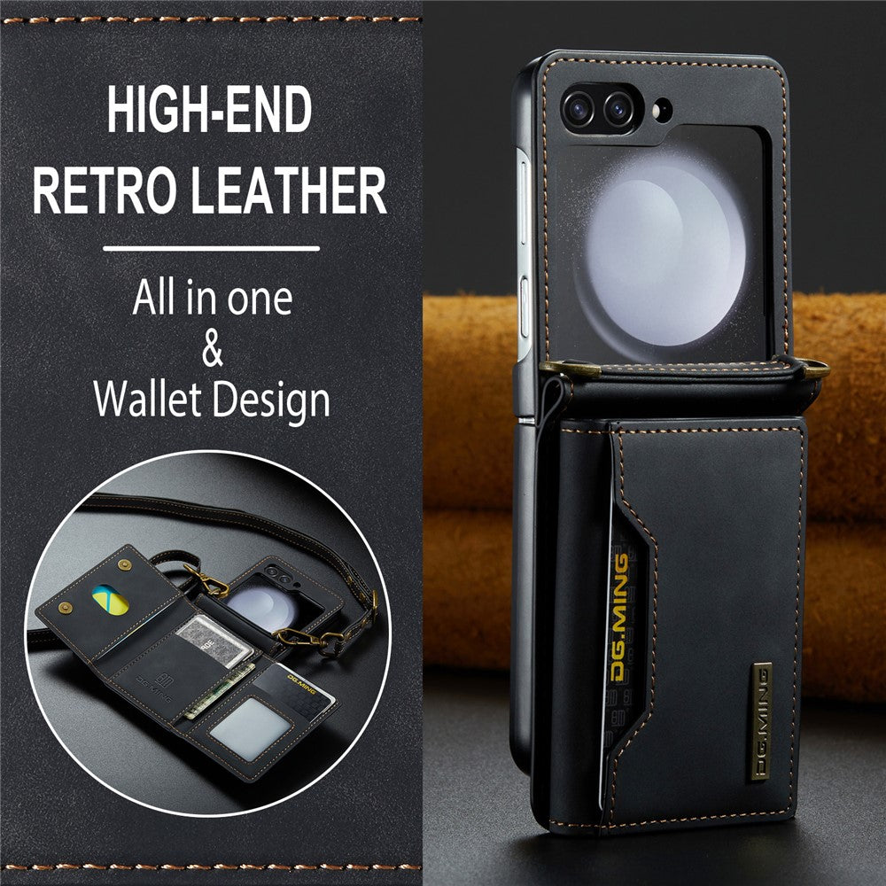 DG.MING M2 Series for Samsung Galaxy Z Flip7 FE 5G / Z Flip6 5G Case PU+PC Phone Cover with Wallet, Strap