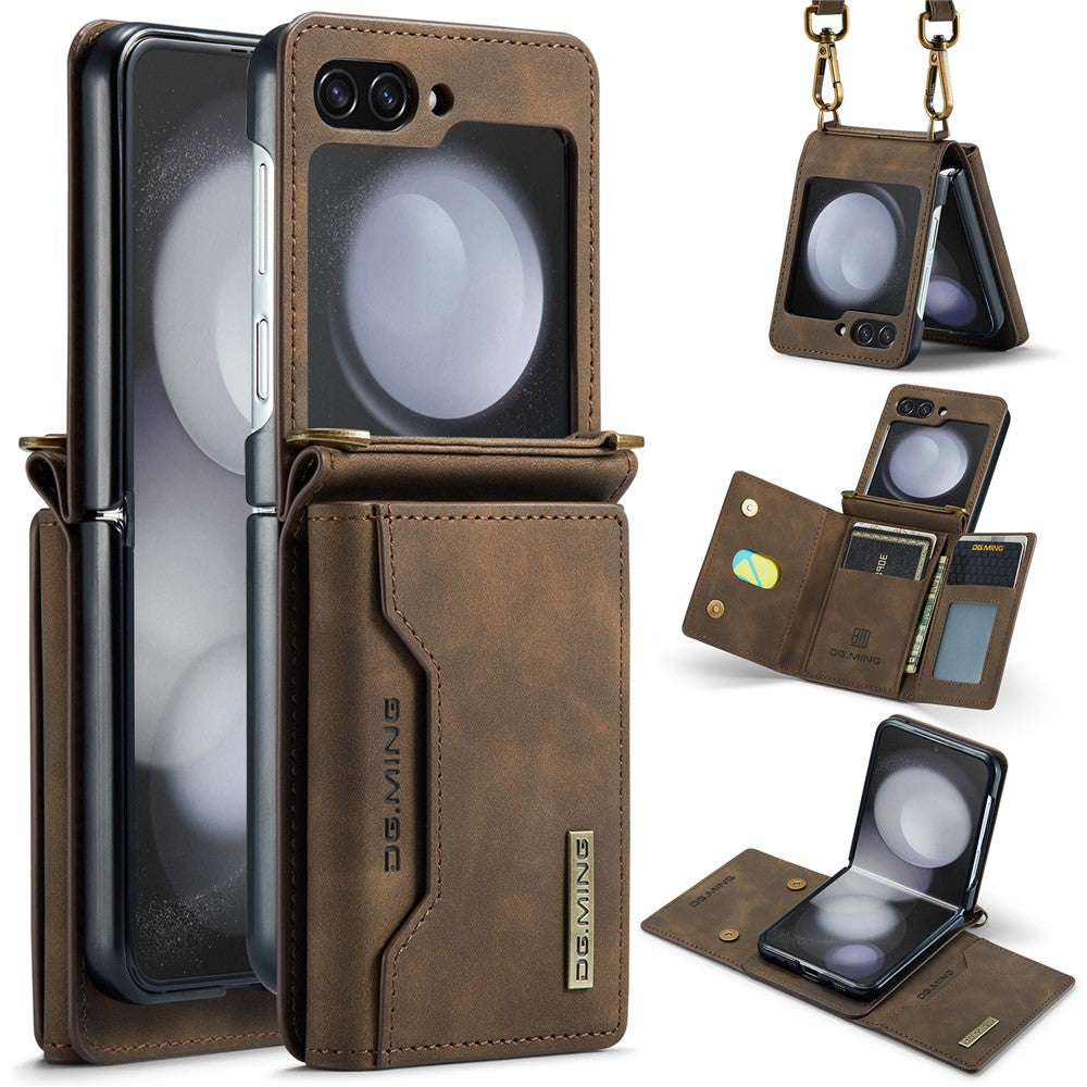 DG.MING M2 Series for Samsung Galaxy Z Flip7 FE 5G / Z Flip6 5G Case PU+PC Phone Cover with Wallet, Strap