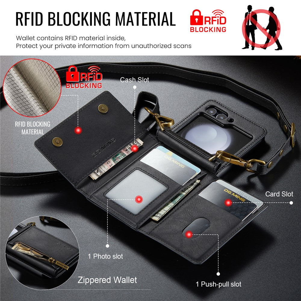 DG.MING M5 Series for Samsung Galaxy Z Flip7 FE 5G / Z Flip6 5G Case RFID Blocking Card Slots PU+PC Phone Cover