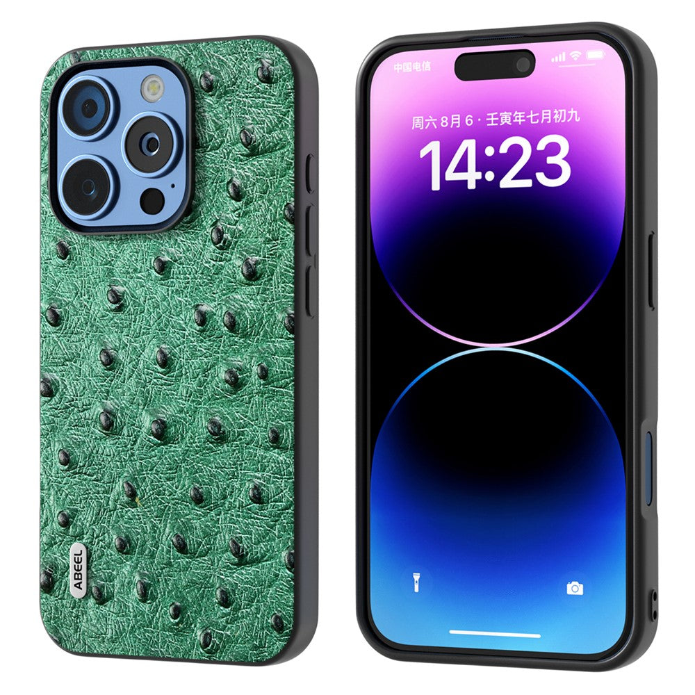 ABEEL For iPhone 16 Pro Max Case Ostrich Texture Genuine Cow Leather Back Phone Cover