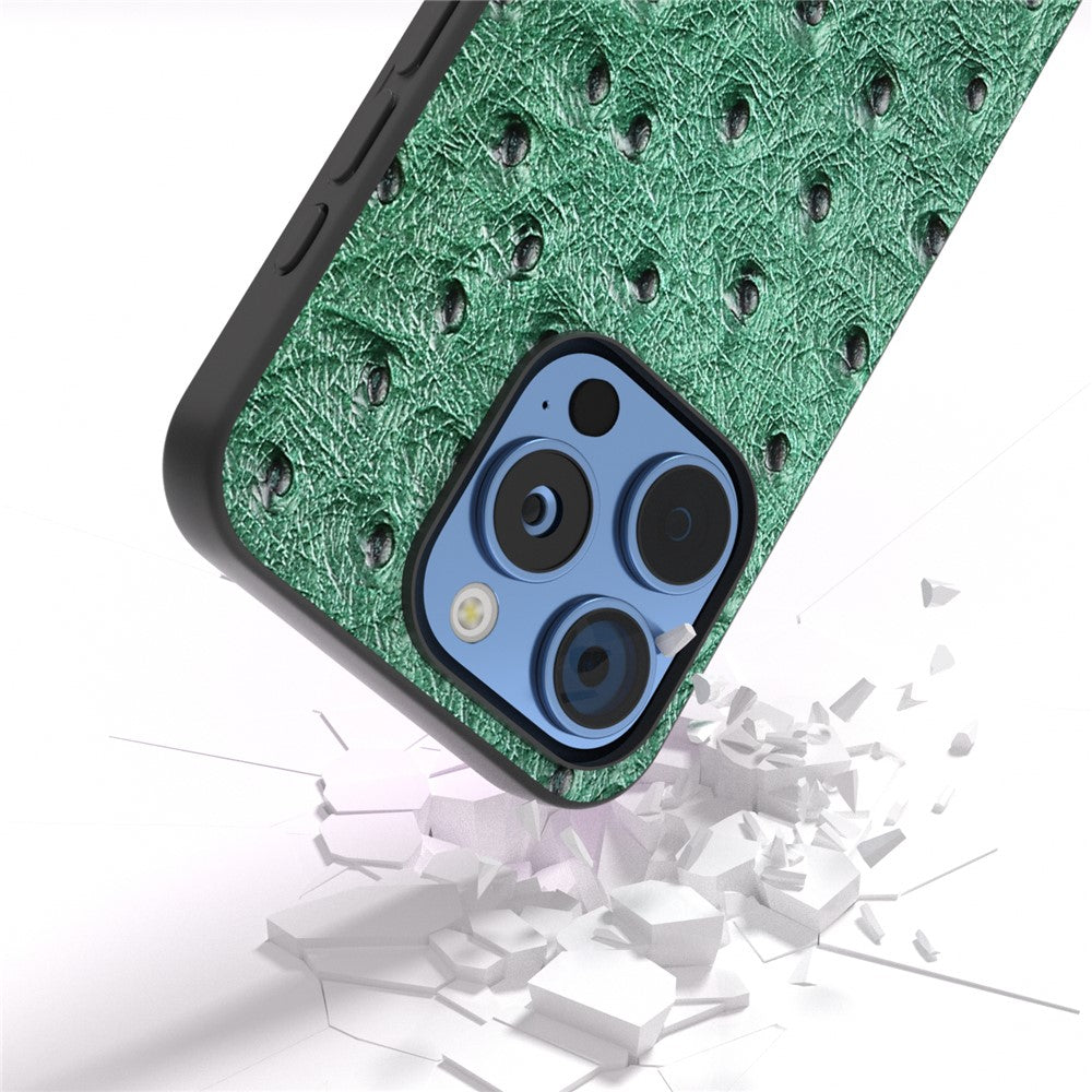 ABEEL For iPhone 16 Pro Max Case Ostrich Texture Genuine Cow Leather Back Phone Cover