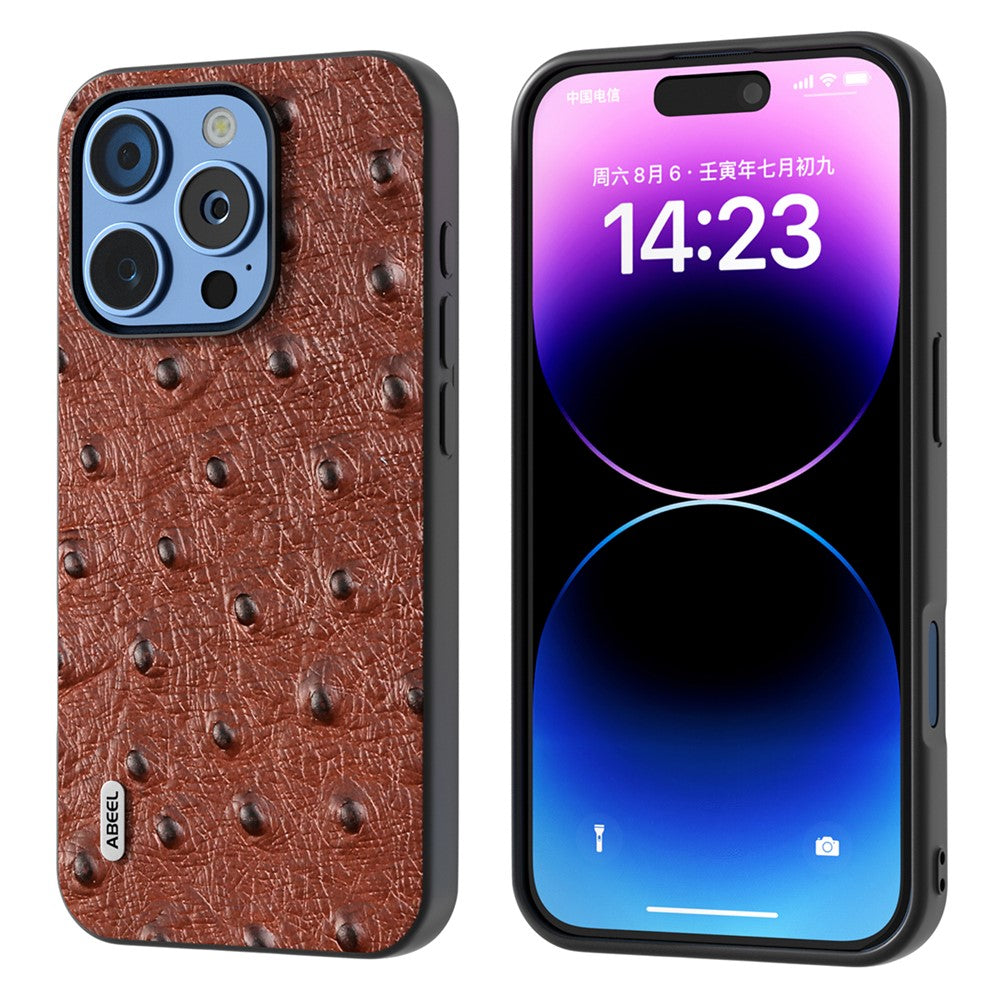 ABEEL For iPhone 16 Pro Case Ostrich Texture Genuine Cow Leather Back Phone Cover