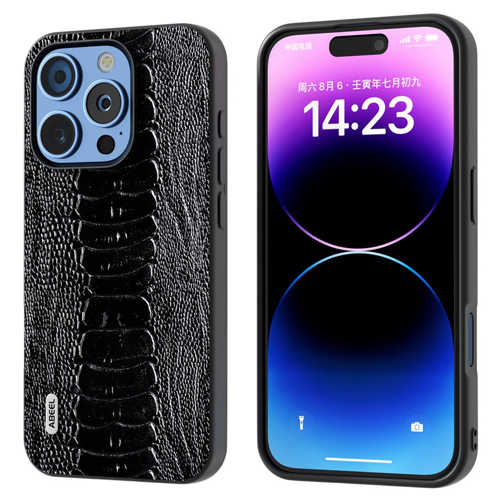 ABEEL For iPhone 16 Pro Max Case Crocodile Texture Genuine Cow Leather+TPU+PC Phone Cover