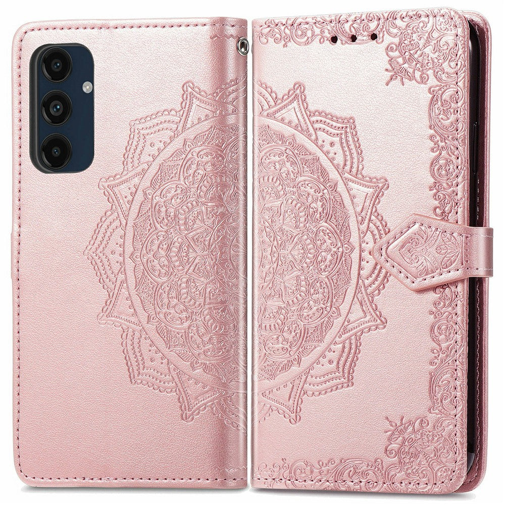 Samsung Galaxy S24 FE-skal med mandala-präglad design i läder, plånboksfodral